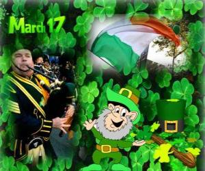 yapboz 17 Mart. Aziz Patrick Günü İrlandalı kültürün kutlaması. Yonca İrlanda sembolü olarak kullanılmıştır. İrlandalı